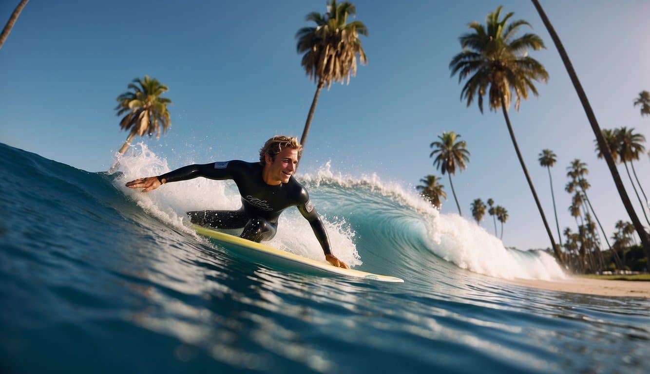 A beginner surfer catching a small wave, with a clear blue sky and palm trees in the background