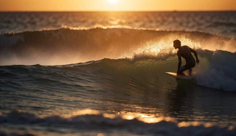 A surfer catches a wave, the sun setting behind them, casting a warm glow over the ocean