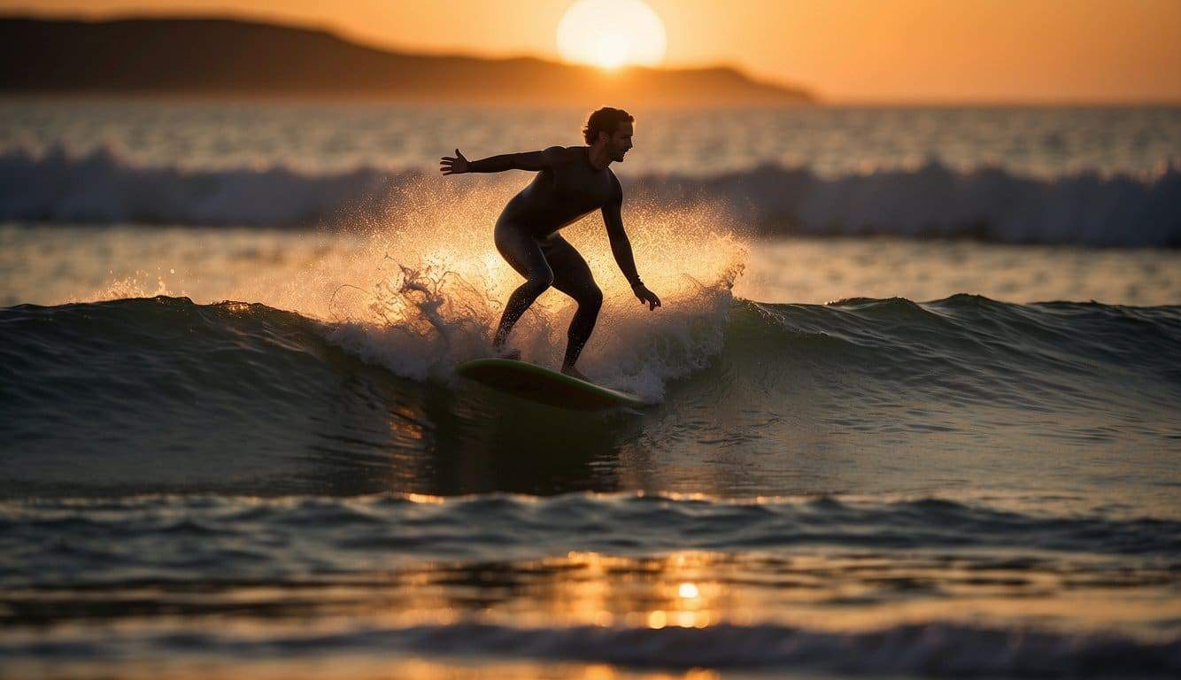 A surfer balances on a board, riding a wave. The sun sets in the background, casting a warm glow over the ocean