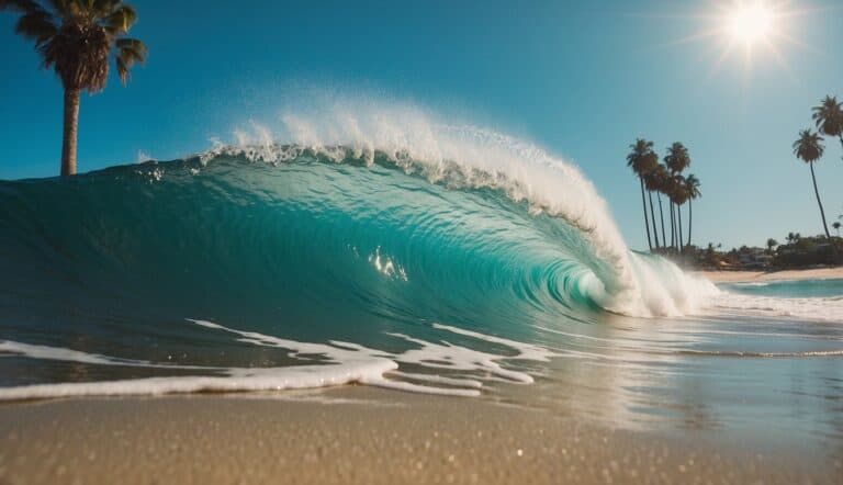 Turquoise waves crash against a sandy beach with palm trees, as surfers catch the perfect wave under a clear blue sky