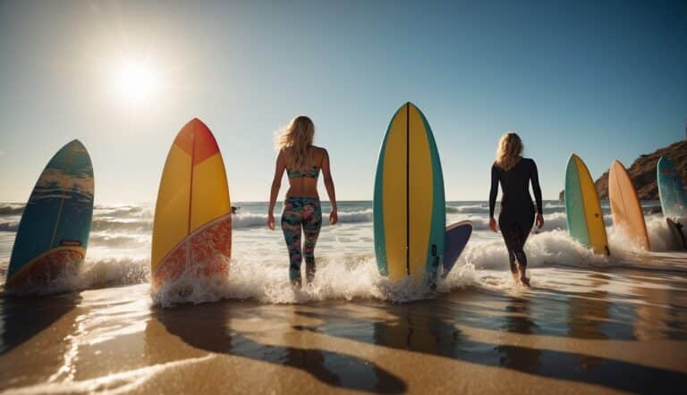 Women surfing on a sunny beach with colorful surfboards and crashing waves in the background