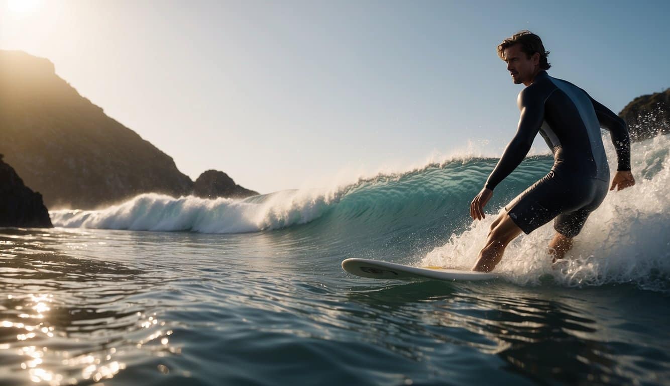 A surfer effortlessly navigates around sharp rocks and shallow waters, avoiding potential injuries