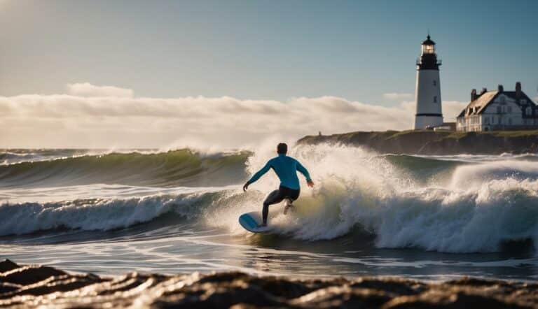 A surfer rides a wave in the North Sea, with a lighthouse and coastal town in the background