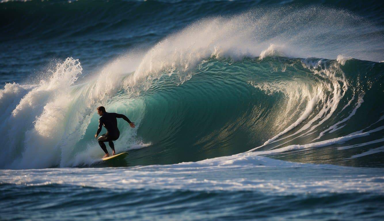 Waves crashing, surfer carving, and maneuvering through the water