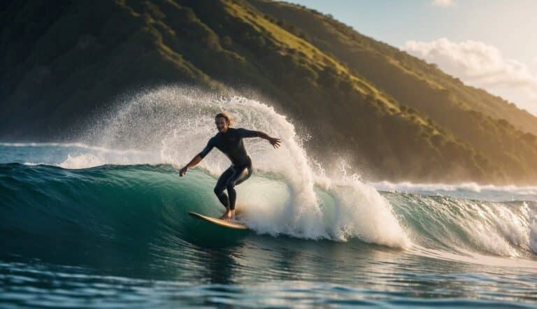 A surfer catching a wave with a reusable bamboo surfboard, surrounded by clean, clear ocean water and a vibrant, healthy marine ecosystem