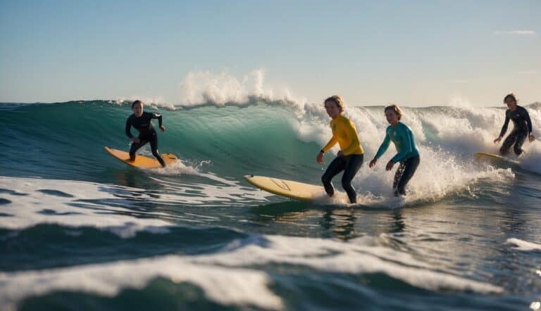 A group of young surfers catching waves in the bright, sunny ocean. Waves crashing, surfboards gliding, and the vibrant energy of youth in the water