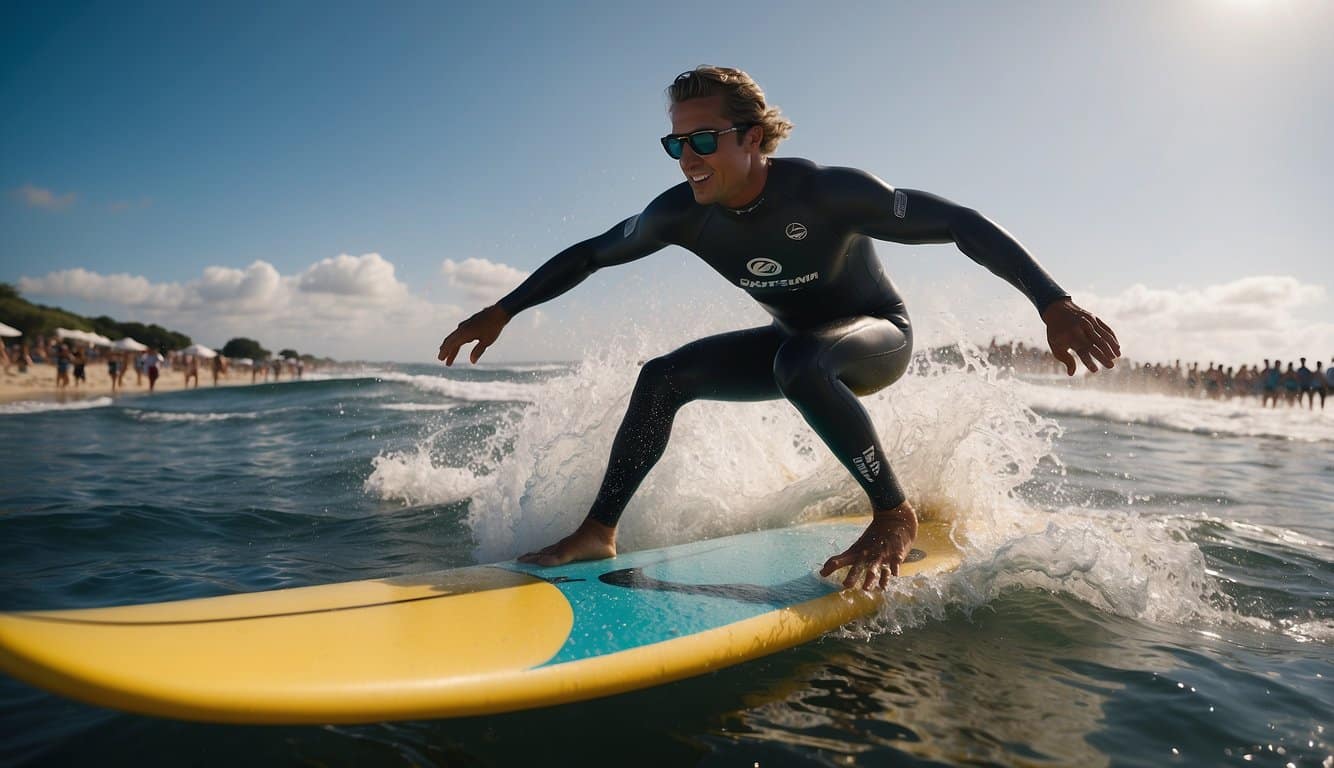 Surfing competition formats: riders navigating waves, judges scoring, spectators cheering on the beach