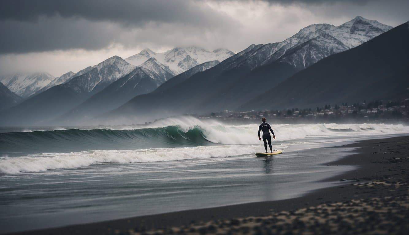 A lone surfer braves the winter waves, with snow-capped mountains in the background and a cold, grey sky overhead