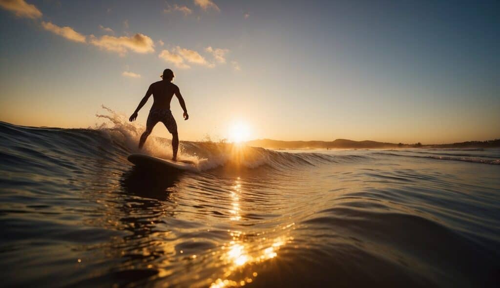 A surfer rides a wave, balancing on a surfboard. The sun sets in the background, casting a warm glow over the ocean