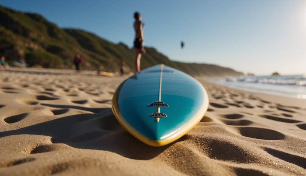 A calm beach with gentle waves, a clear blue sky, and a surfboard lying in the sand, surrounded by beginners learning to surf