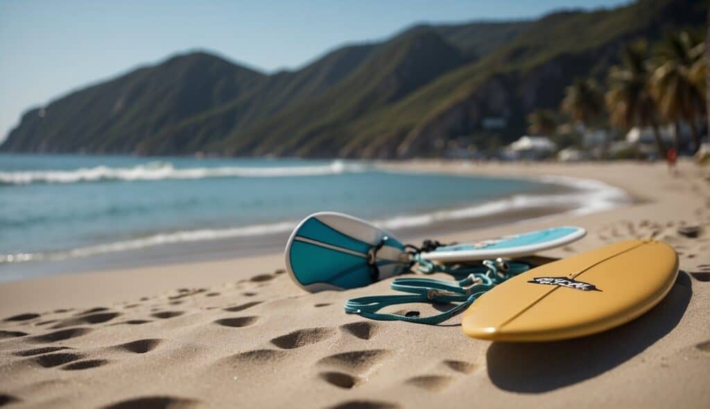 A calm beach with clear blue water, a gentle wave breaking in the distance, and a surfboard lying on the sand with a safety leash attached