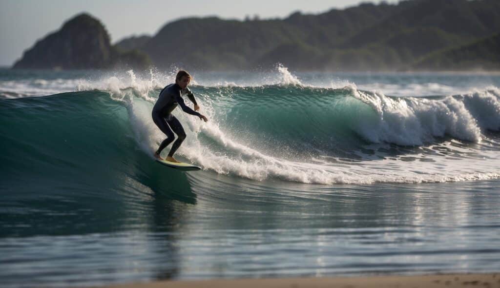 A beginner surfer progresses in calm waters, catching small waves and improving their technique under the guidance of an instructor