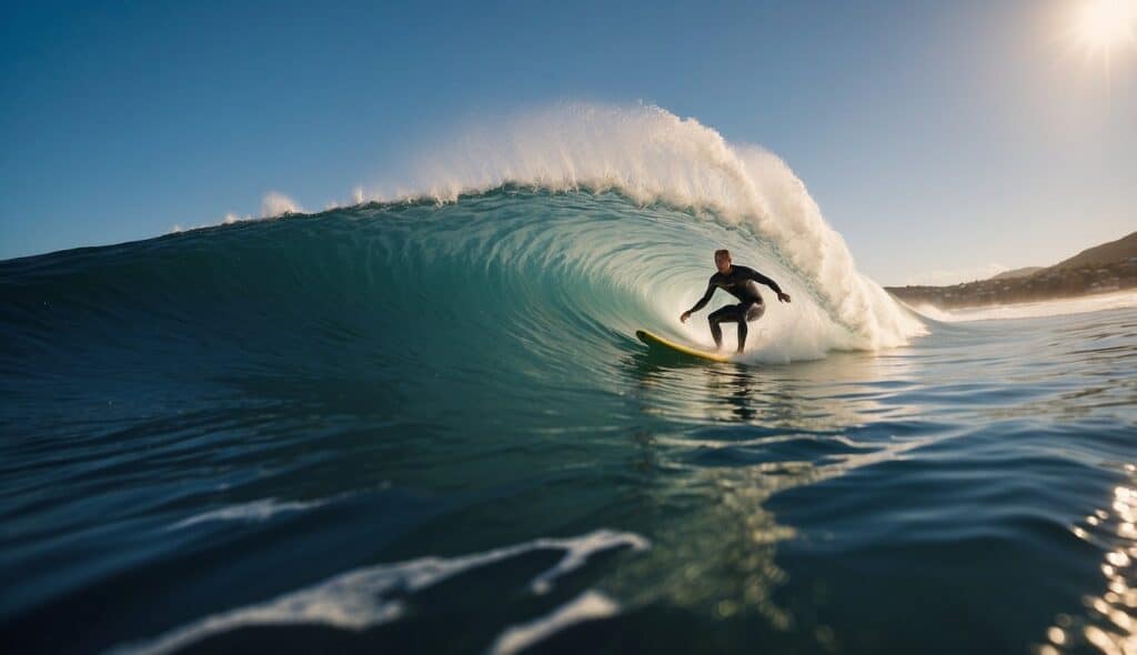 A surfer rides a wave, surrounded by the beauty of nature and the power of the ocean, symbolizing the origins and cultural significance of surfing history