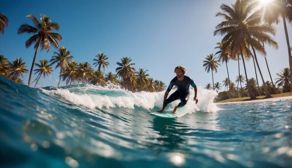 A surfer rides a wave on a modern surfboard, with a clear blue sky and palm trees in the background