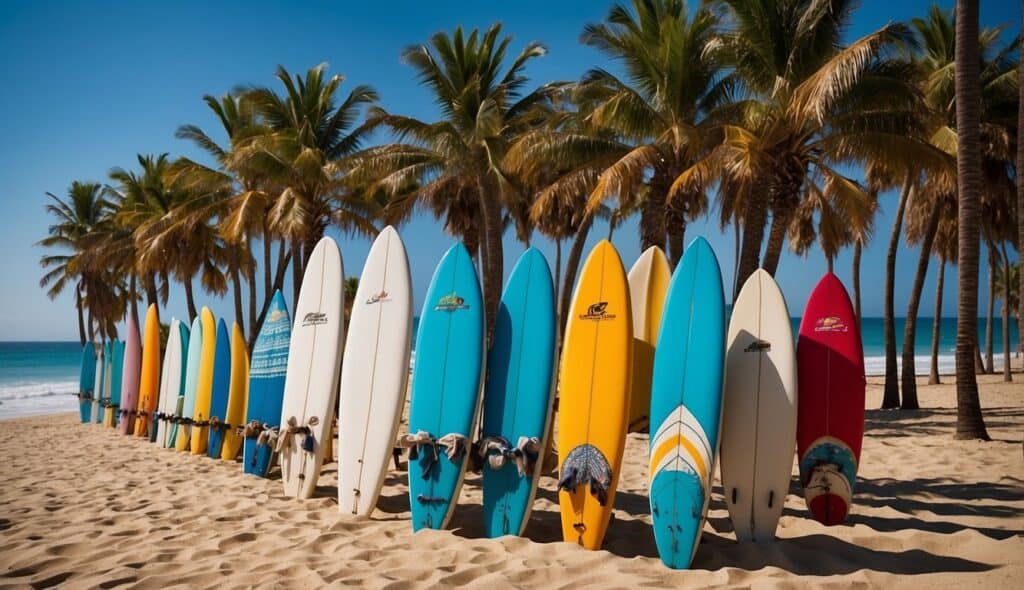 Surfboards on a beach, with waves crashing in the background. Palm trees line the shore, and a clear blue sky stretches overhead