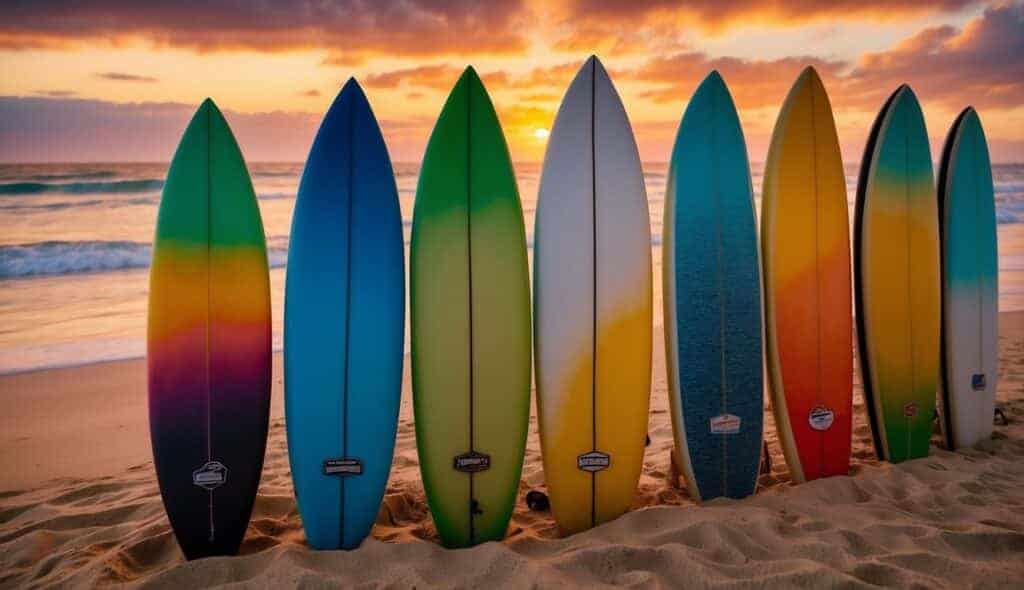 A group of surfboards lined up on the sandy beach, with waves crashing in the background and a vibrant sunset painting the sky