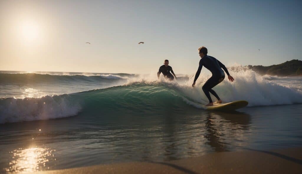 A beginner surfer catching a wave, practicing proper stance and balance, with a surf instructor giving guidance from the shore