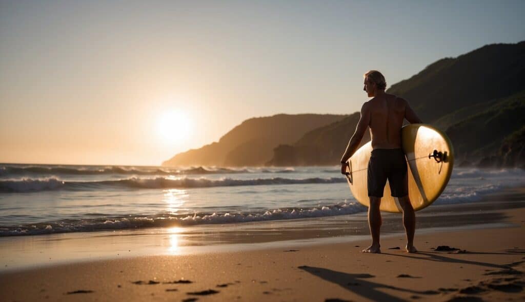 A surfer stretches on the beach, preparing for a training session. The waves crash in the distance as the sun sets over the ocean