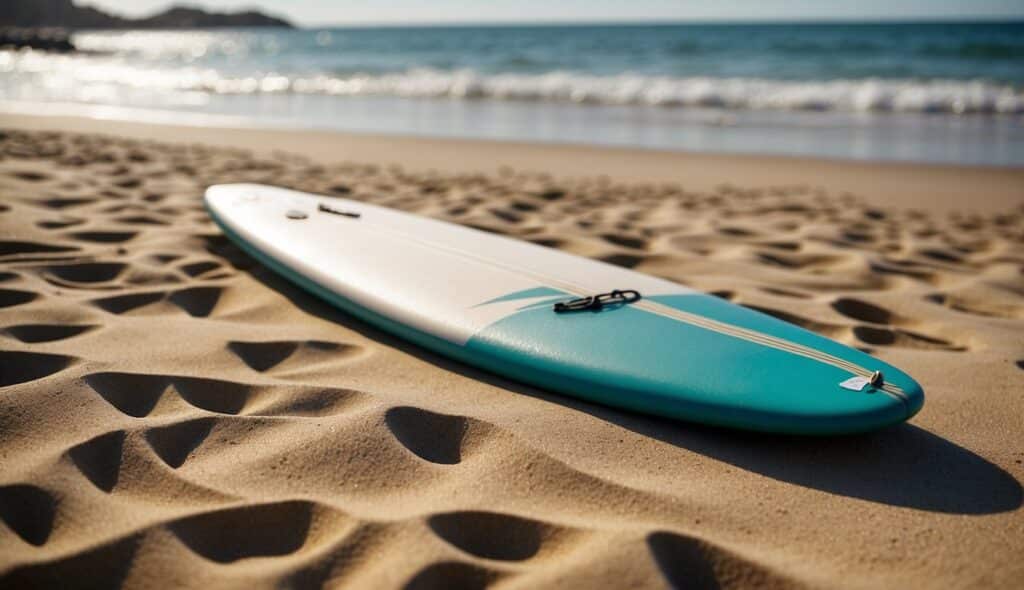 A calm beach with a gentle wave, a surfboard lying on the sand, and a safety flag flying in the background