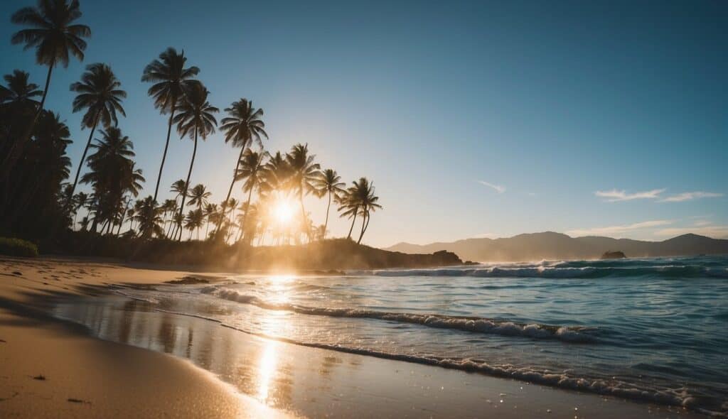 A serene beach with clear blue waters, gentle waves, and a distant surfer catching a perfect wave. Palm trees line the shore, and a bright sun hangs in the sky