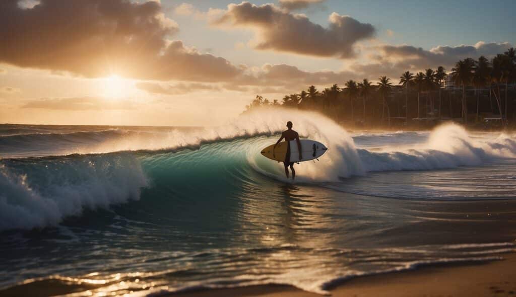 A surfer rides a massive wave at a famous surf spot, with palm trees and a beautiful sunset in the background