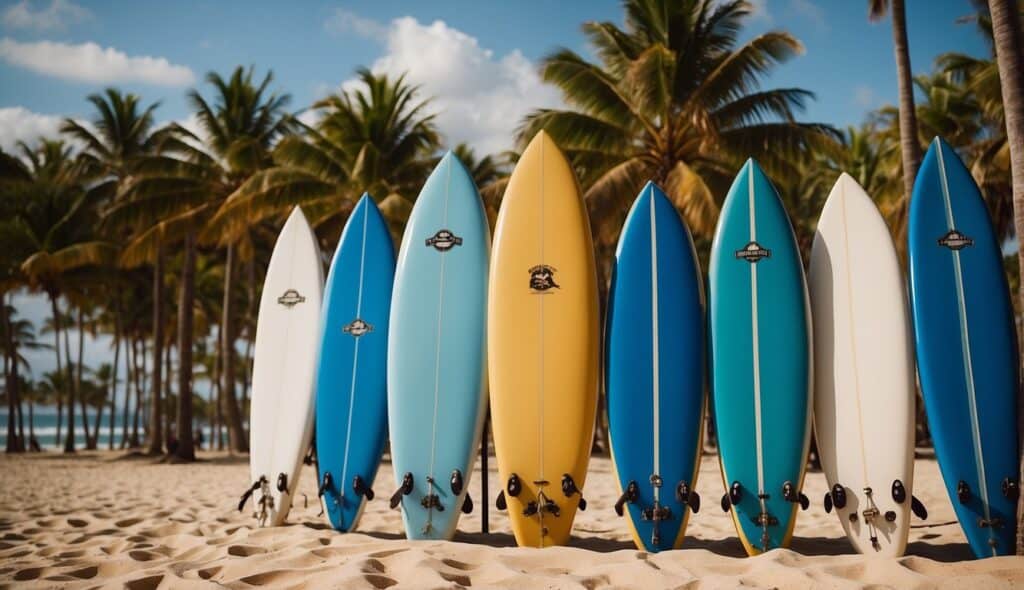 Surfboards lined up on a sandy beach, with clear blue waves in the background and palm trees swaying in the breeze