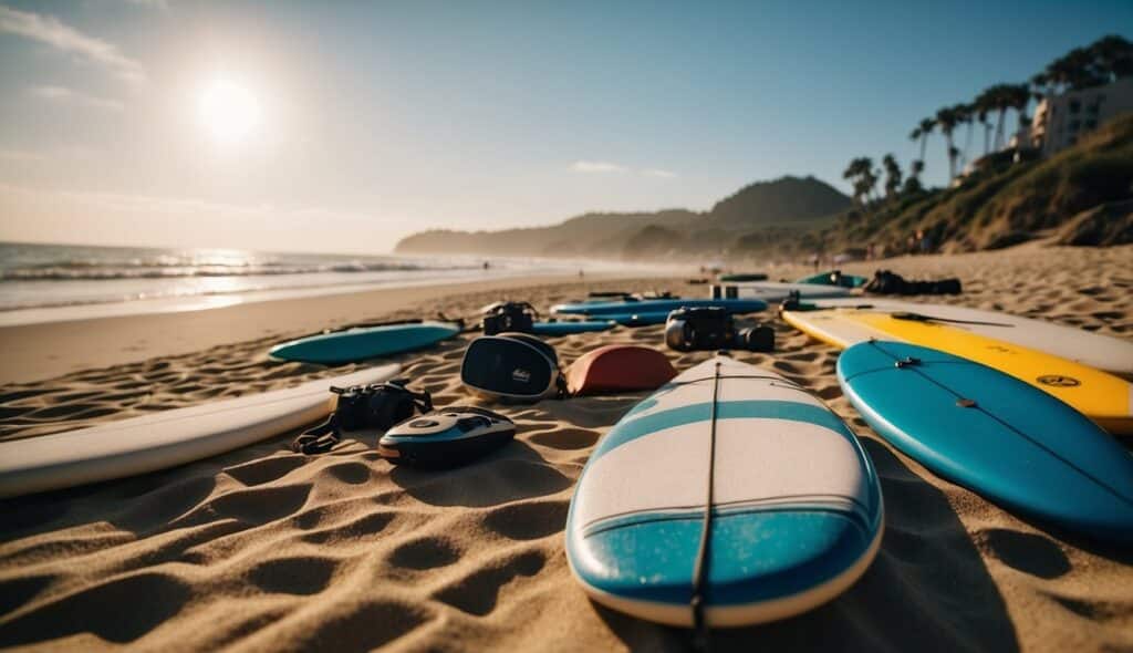 A beach scene with surfboards, waves, and media equipment