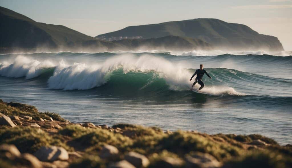 Surfspots and camps in Europe. Illustrate the vibrant surf culture, with waves crashing against rocky cliffs and surfers riding the waves