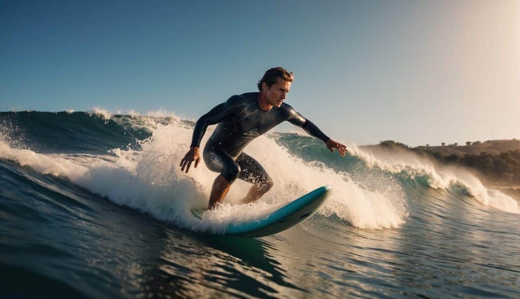 A surfer rides a wave, avoiding injuries by following surfing fundamentals