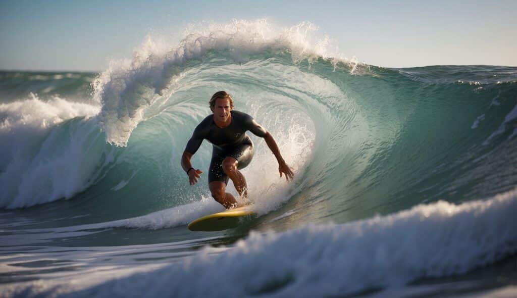 A surfer gracefully navigates a powerful wave, demonstrating advanced surf techniques while avoiding potential injuries