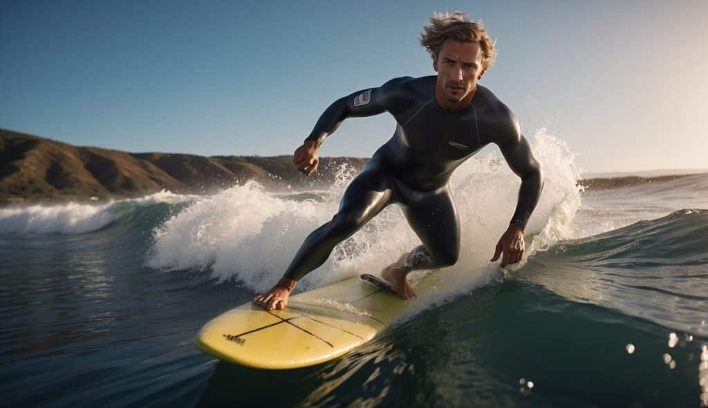 A surfer navigating around sharp rocks and avoiding crashing waves to prevent injuries while surfing