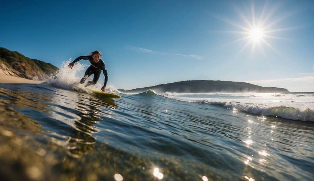 A surfer rides a wave in the German coastline, with a clear blue sky and a picturesque beach in the background