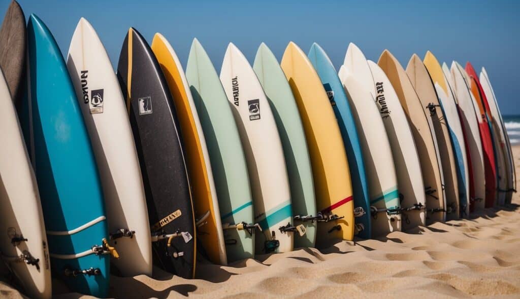 Surfboards lined up on a sandy beach, with waves crashing in the background and a clear blue sky overhead