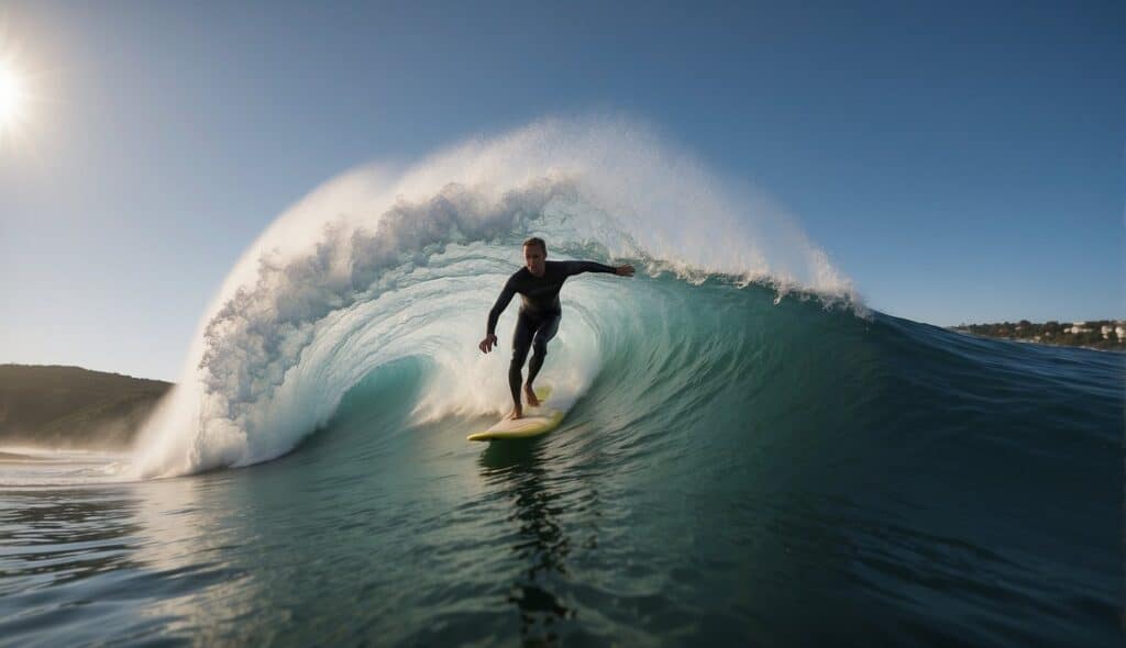 A surfer rides a wave, executing surf techniques and maneuvers with precision and skill. The ocean spray mists in the air as the board cuts through the water