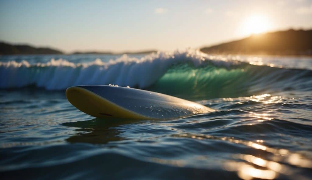 Surfboard positioned in water, executing surf techniques and maneuvers