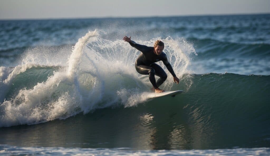 A surfer riding a wave, using proper techniques and maneuvers to navigate through the water with strength and agility