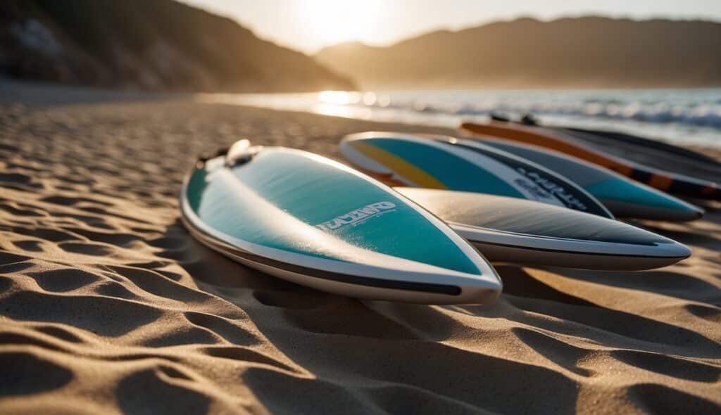 Surfboards made from sustainable materials on a clean beach with recyclable packaging and eco-friendly surf gear