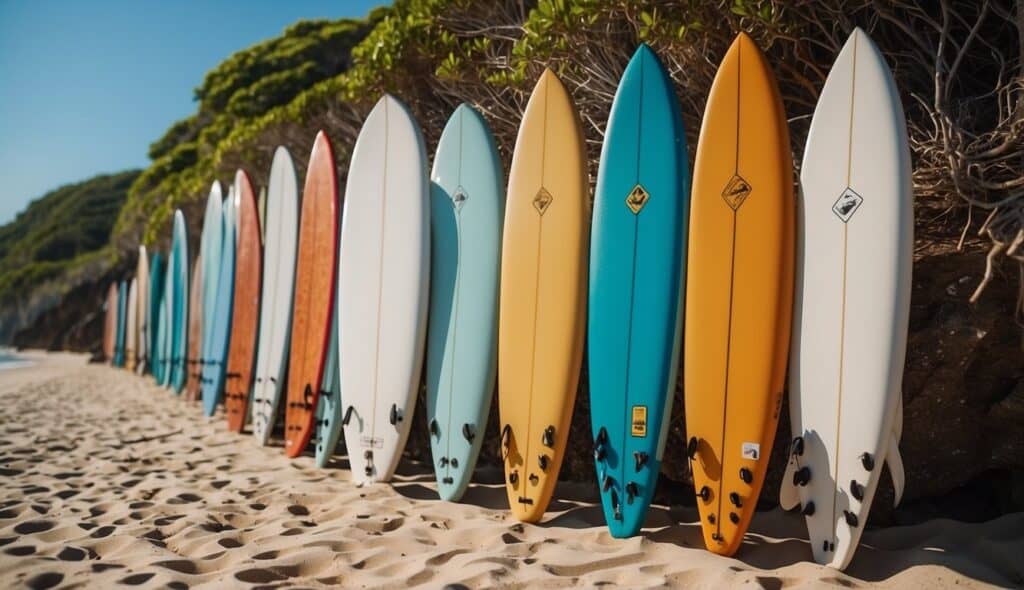 Surfboards lined up on a pristine beach, with clear blue waters and a vibrant coral reef. Marine life thrives in the undisturbed ecosystem, showcasing the positive impact of sustainable surfing practices on the environment