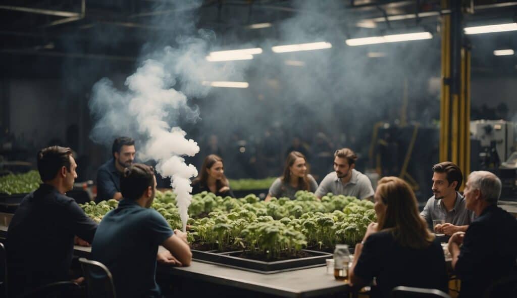 A factory emits smoke into the air while a group of people discuss sustainable consumer choices