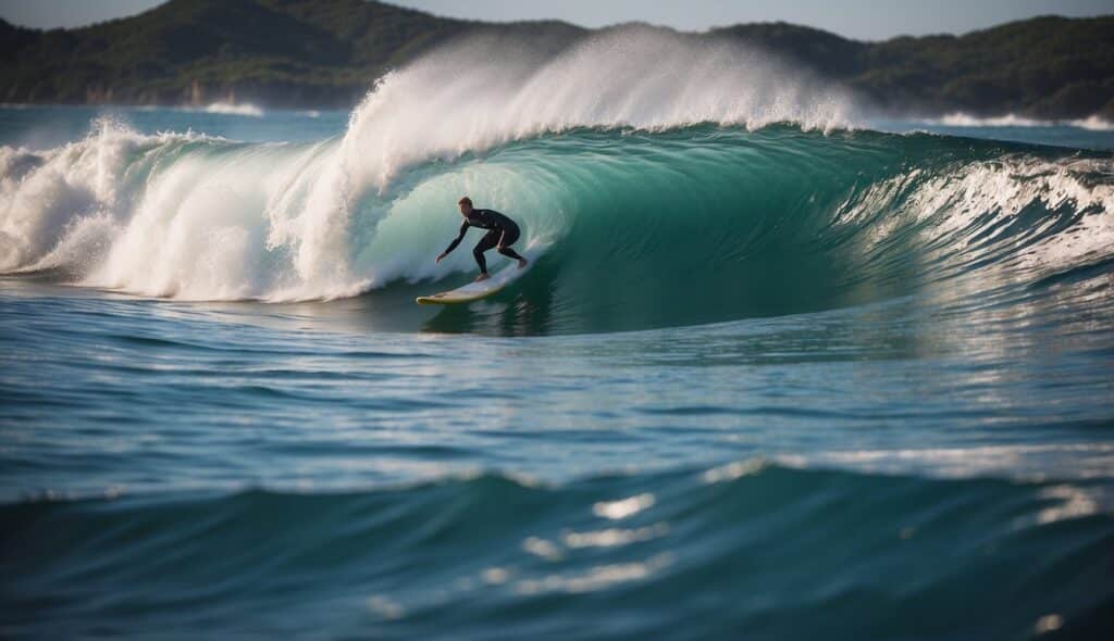 A person surfing on a sustainable surfboard with eco-friendly materials, surrounded by clean ocean waves and marine life