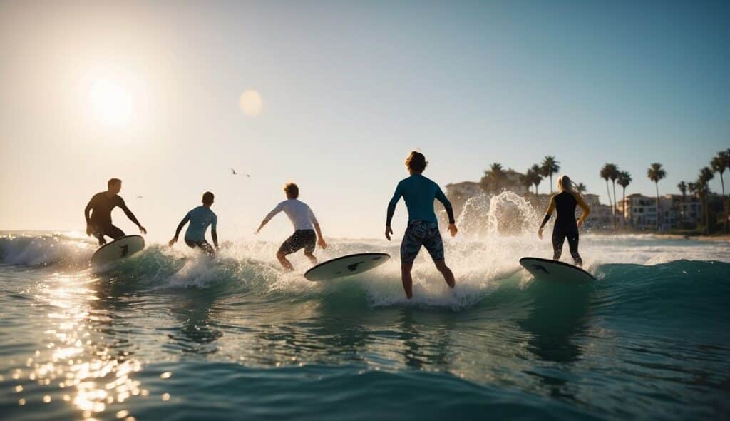 A group of young surfers catching waves in a sunny, coastal setting with palm trees and seagulls in the background