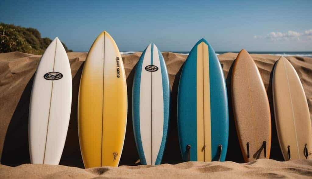 A group of surfboards lined up on the sandy beach, with waves crashing in the background and a clear blue sky overhead