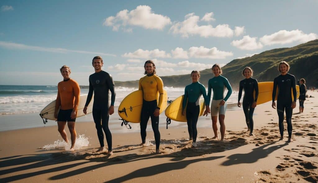 A group of young people enjoying various surf and leisure activities on the beach. Waves, surfboards, and beach equipment are scattered around the scene