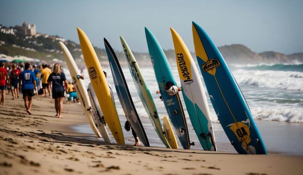 Surfing competition guidelines, with logos and banners, on a beach with waves and surfboards