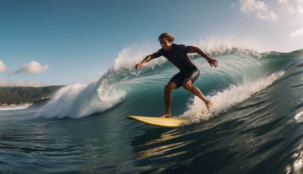 A surfer rides a wave, executing precise maneuvers with speed and agility. The ocean churns with energy as the surfer navigates the water with skill and determination