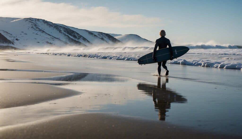 A surfer in a thick wetsuit and gloves, carrying a surfboard through snow-covered dunes towards a frozen ocean with snow-capped waves in the background