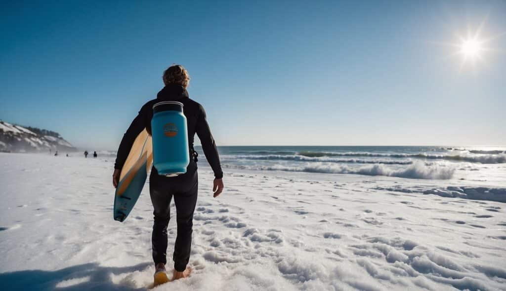 A surfer carrying a thermos and healthy snacks on a snow-covered beach, with a clear blue sky and waves crashing in the background