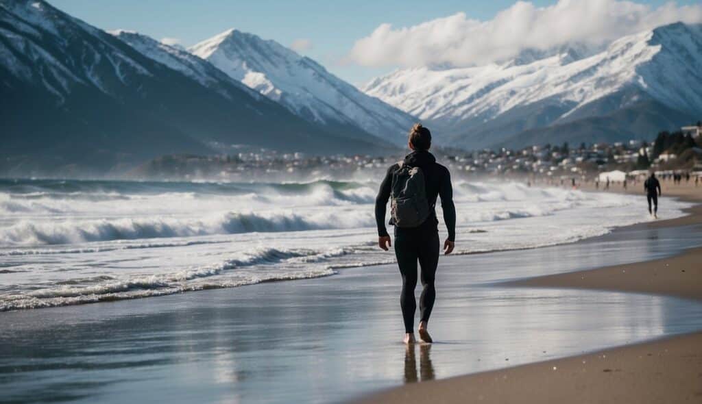 A snowy beach with waves crashing, a lone surfer braving the cold, snow-capped mountains in the background